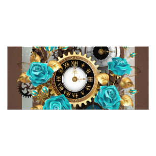Steampunk Clock and Turquoise Roses on Striped Rack Card
