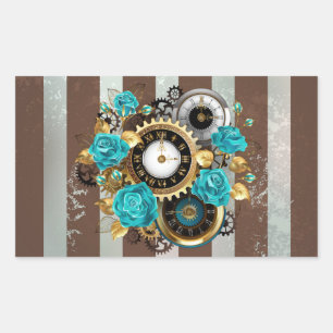 Steampunk Clock and Turquoise Roses on Striped Rectangular Sticker