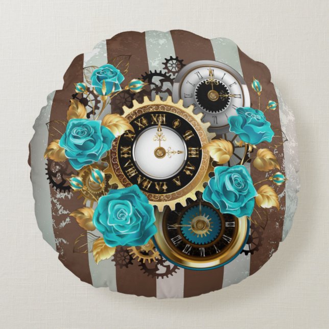 Steampunk Clock and Turquoise Roses on Striped Round Cushion (Front)