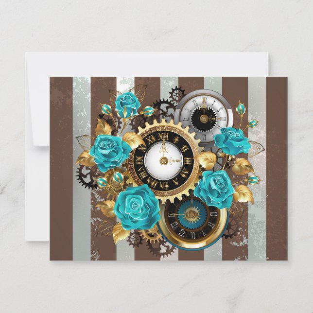 Steampunk Clock and Turquoise Roses on Striped Save The Date (Front)