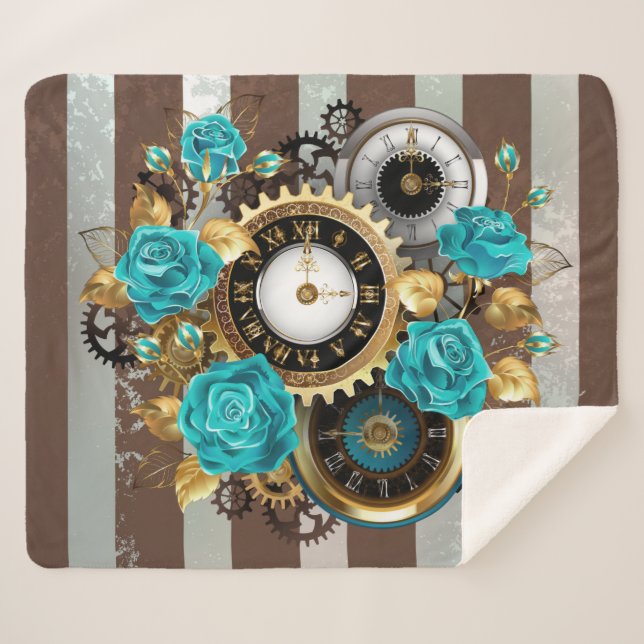 Steampunk Clock and Turquoise Roses on Striped Sherpa Blanket (Front (Horizontal))