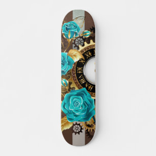 Steampunk Clock and Turquoise Roses on Striped Skateboard