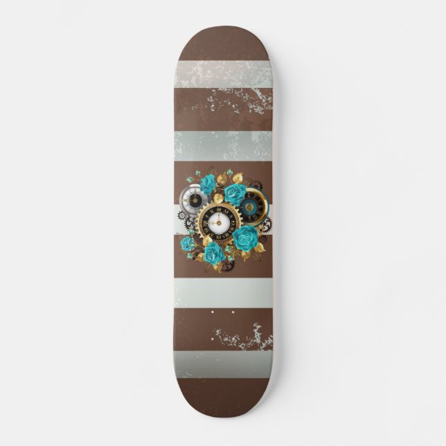 Steampunk Clock and Turquoise Roses on Striped Skateboard (Front)