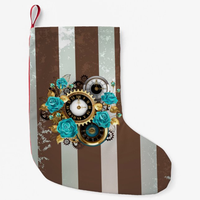 Steampunk Clock and Turquoise Roses on Striped Small Christmas Stocking (Front)
