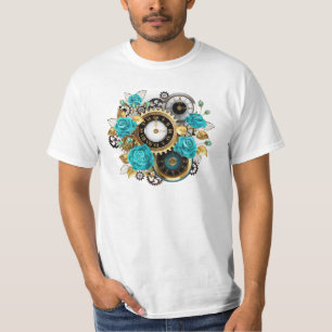 Steampunk Clock and Turquoise Roses on Striped T-Shirt