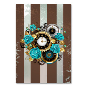 Steampunk Clock and Turquoise Roses on Striped Table Number