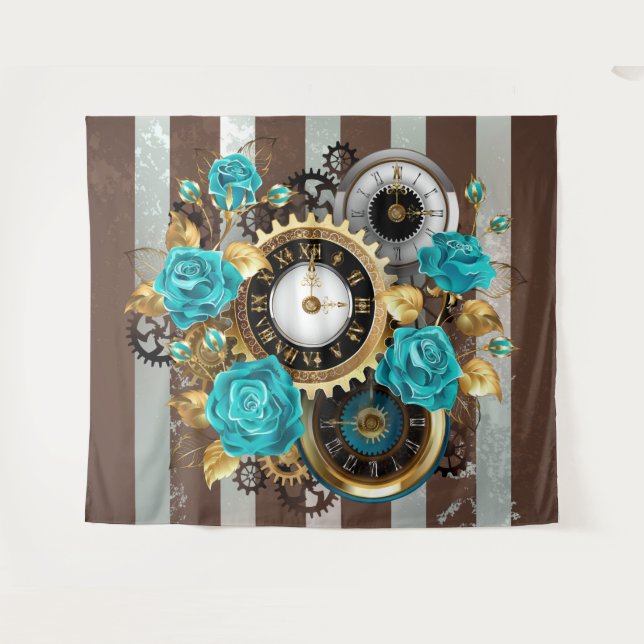 Steampunk Clock and Turquoise Roses on Striped Tapestry (Front (Horizontal))