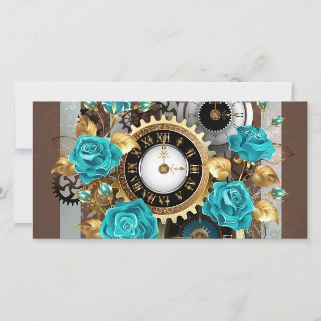 Steampunk Clock and Turquoise Roses on Striped Thank You Card (Front)