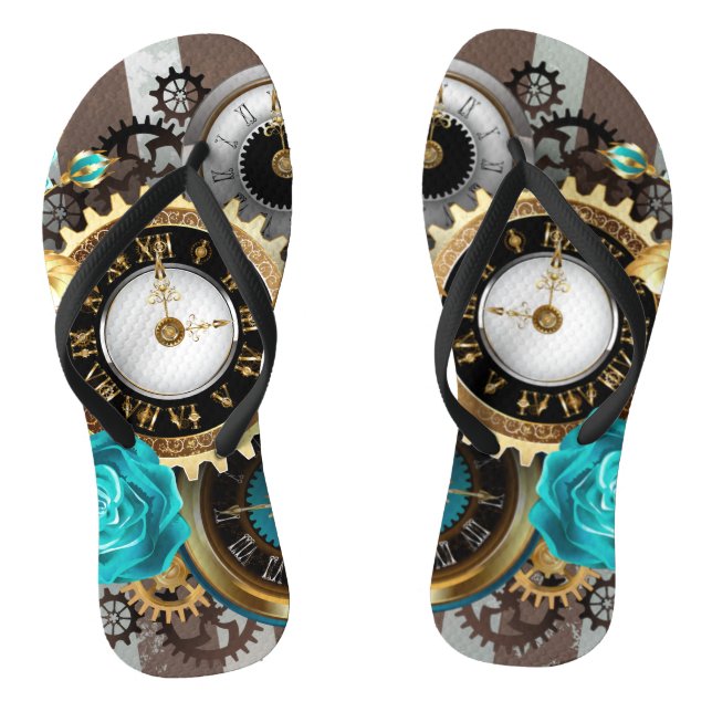 Steampunk Clock and Turquoise Roses on Striped Thongs (Footbed)