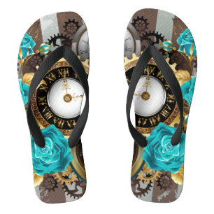 Steampunk Clock and Turquoise Roses on Striped Thongs