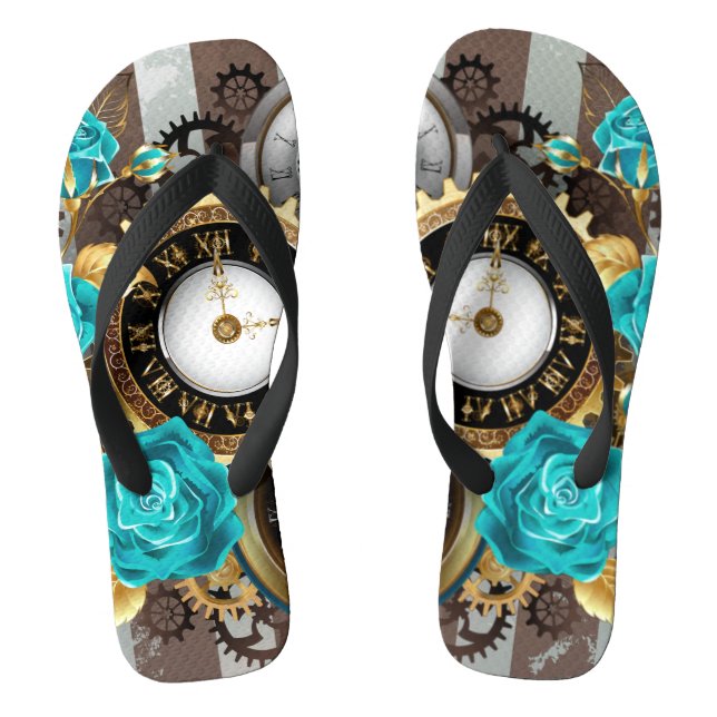 Steampunk Clock and Turquoise Roses on Striped Thongs (Footbed)
