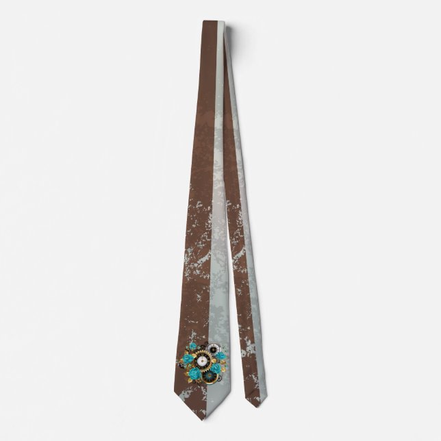 Steampunk Clock and Turquoise Roses on Striped Tie (Front)