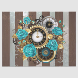 Steampunk Clock and Turquoise Roses on Striped Tissue Paper