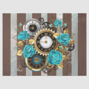 Steampunk Clock and Turquoise Roses on Striped Tissue Paper