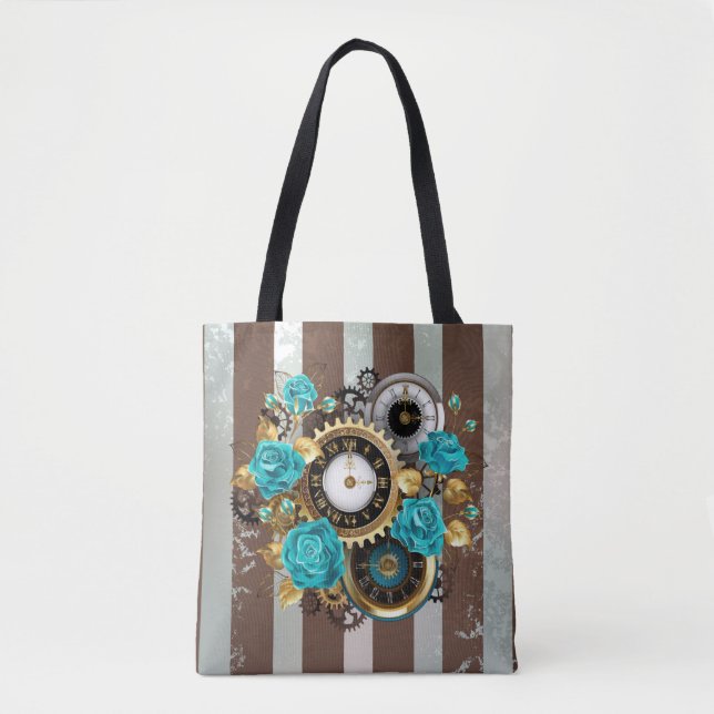 Steampunk Clock and Turquoise Roses on Striped Tote Bag (Front)