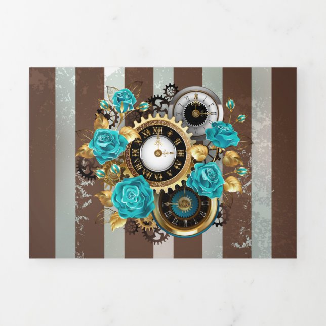 Steampunk Clock and Turquoise Roses on Striped Tri-Fold Announcement (Cover)