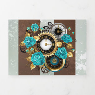 Steampunk Clock and Turquoise Roses on Striped  Tri-Fold Invitation
