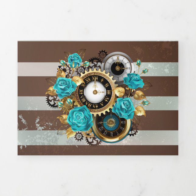 Steampunk Clock and Turquoise Roses on Striped Tri-Fold Programme (Cover)