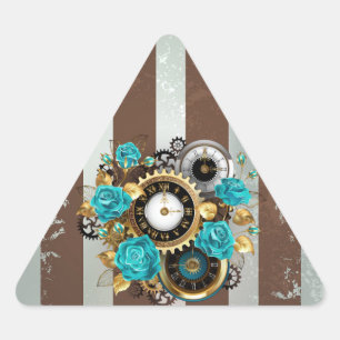 Steampunk Clock and Turquoise Roses on Striped Triangle Sticker