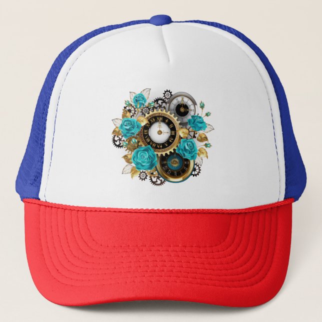 Steampunk Clock and Turquoise Roses on Striped Trucker Hat (Front)