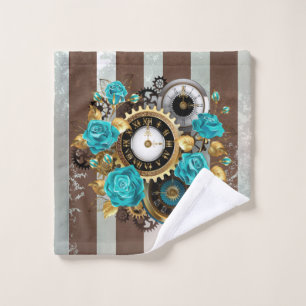 Steampunk Clock and Turquoise Roses on Striped Wash Cloth