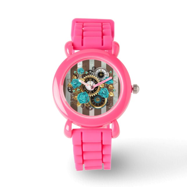 Steampunk Clock and Turquoise Roses on Striped Watch (Front)