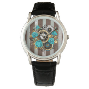 Steampunk Clock and Turquoise Roses on Striped Watch