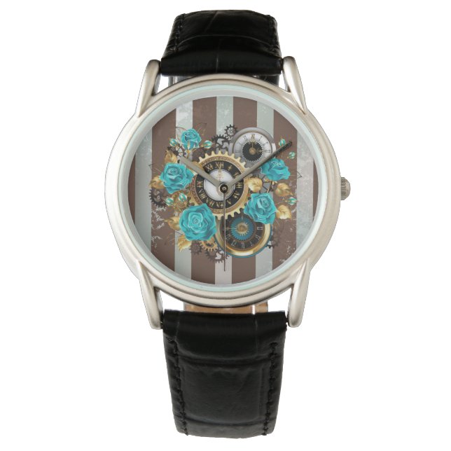 Steampunk Clock and Turquoise Roses on Striped Watch (Front)