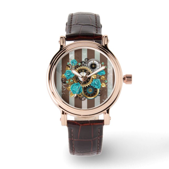 Steampunk Clock and Turquoise Roses on Striped Watch (Front)