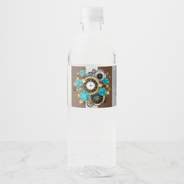 Steampunk Clock and Turquoise Roses on Striped Water Bottle Label (Front)