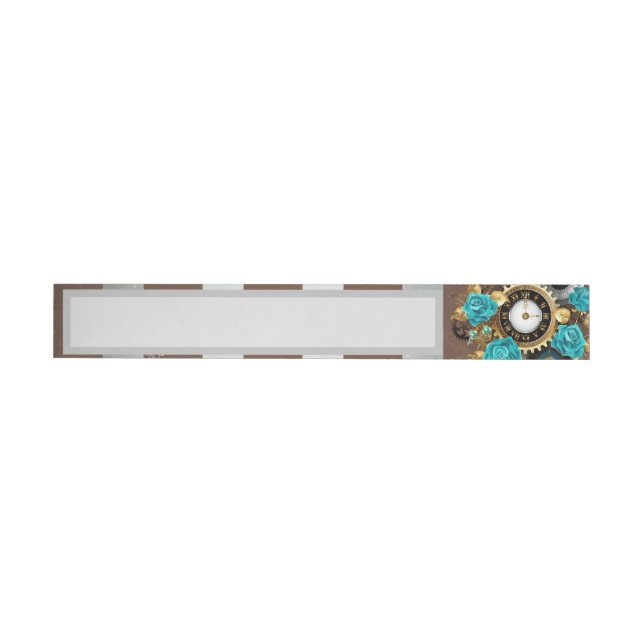 Steampunk Clock and Turquoise Roses on Striped Wrap Around Label (Individual)