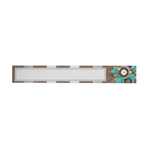 Steampunk Clock and Turquoise Roses on Striped Wraparound Address Label