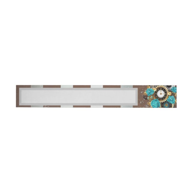 Steampunk Clock and Turquoise Roses on Striped Wraparound Address Label (Individual)