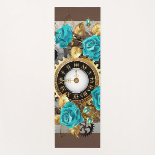 Steampunk Clock and Turquoise Roses on Striped Yoga Mat