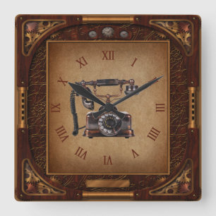 Steampunk Clock~Antique Telephone~Roman Numerals~ Square Wall Clock