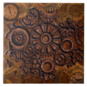Steampunk Clock Black, Brass, Brown  Ceramic Tile