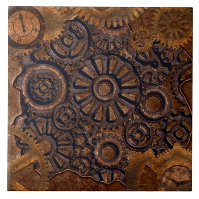 Steampunk Clock Black, Brass, Brown  Ceramic Tile (Front)