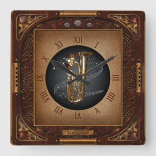 Steampunk Clock~Doublophone~Double Bell Euphonium~ Square Wall Clock
