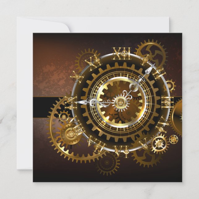 Steampunk clock with antique gears announcement (Front)