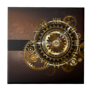 Steampunk clock with antique gears ceramic tile