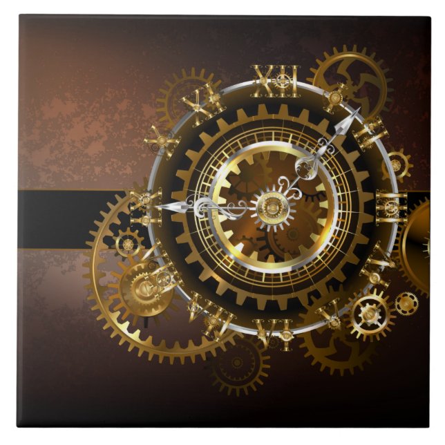 Steampunk clock with antique gears ceramic tile (Front)
