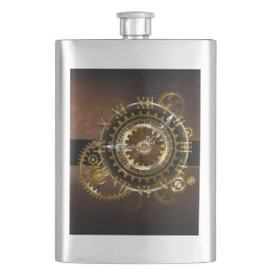 Steampunk clock with antique gears hip flask