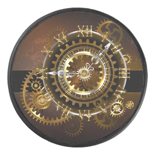 Steampunk clock with antique gears hockey puck (Front)