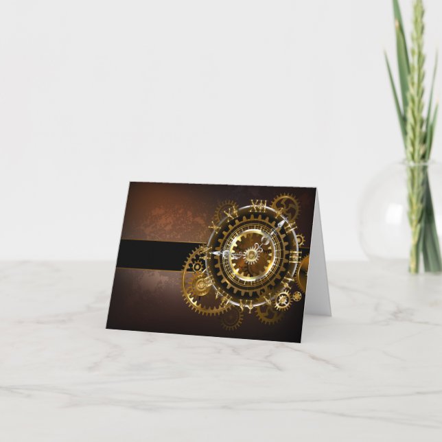 Steampunk clock with antique gears holiday card (Front)