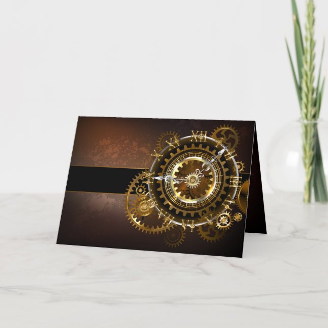 Steampunk clock with antique gears holiday card (Front)