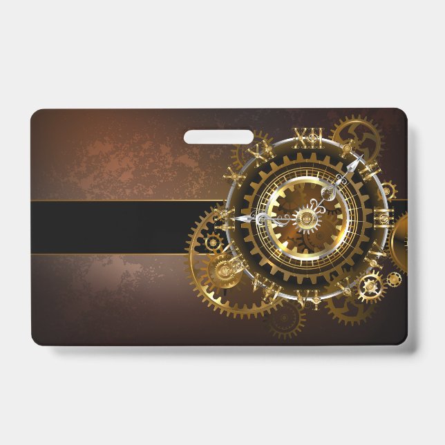 Steampunk clock with antique gears ID badge (Front)