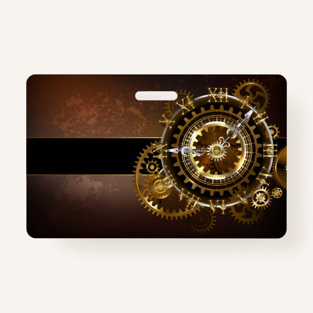 Steampunk clock with antique gears ID badge (Front)