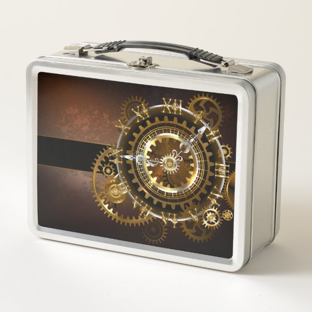 Steampunk clock with antique gears metal lunch box (Front)