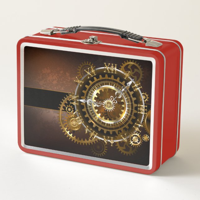 Steampunk clock with antique gears metal lunch box (Front)
