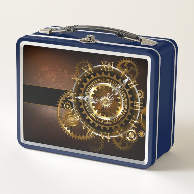 Steampunk clock with antique gears metal lunch box (Front)